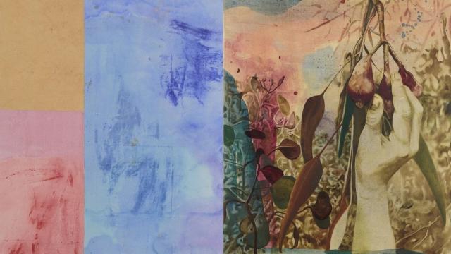 Kylie Banyard, Touching silver princess 1 (detail), 2022, oil and acrylic on turmeric dyed canvas, 120cm x 84cm. Image courtesy of the artist and Nicholas Thompson Gallery, Melbourne