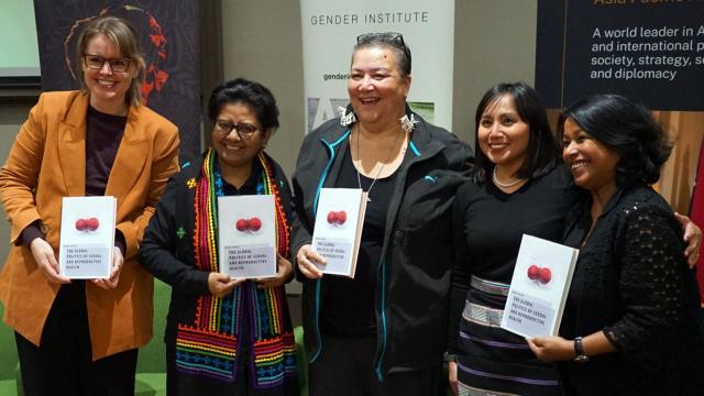 The book launch of ‘The Global Politics of Sexual and Reproductive Health’ at ANU. From left to right: Bonney Corbin, Dr Faustina Pereira, Noelene Nabulivou, Dr Maria Tanyag, and Prof Bina D’Costa